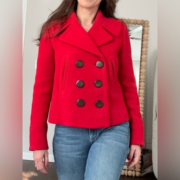 J. Crew Apple Red Double Breasted Cropped Pea Coat - Picture 1 of 10